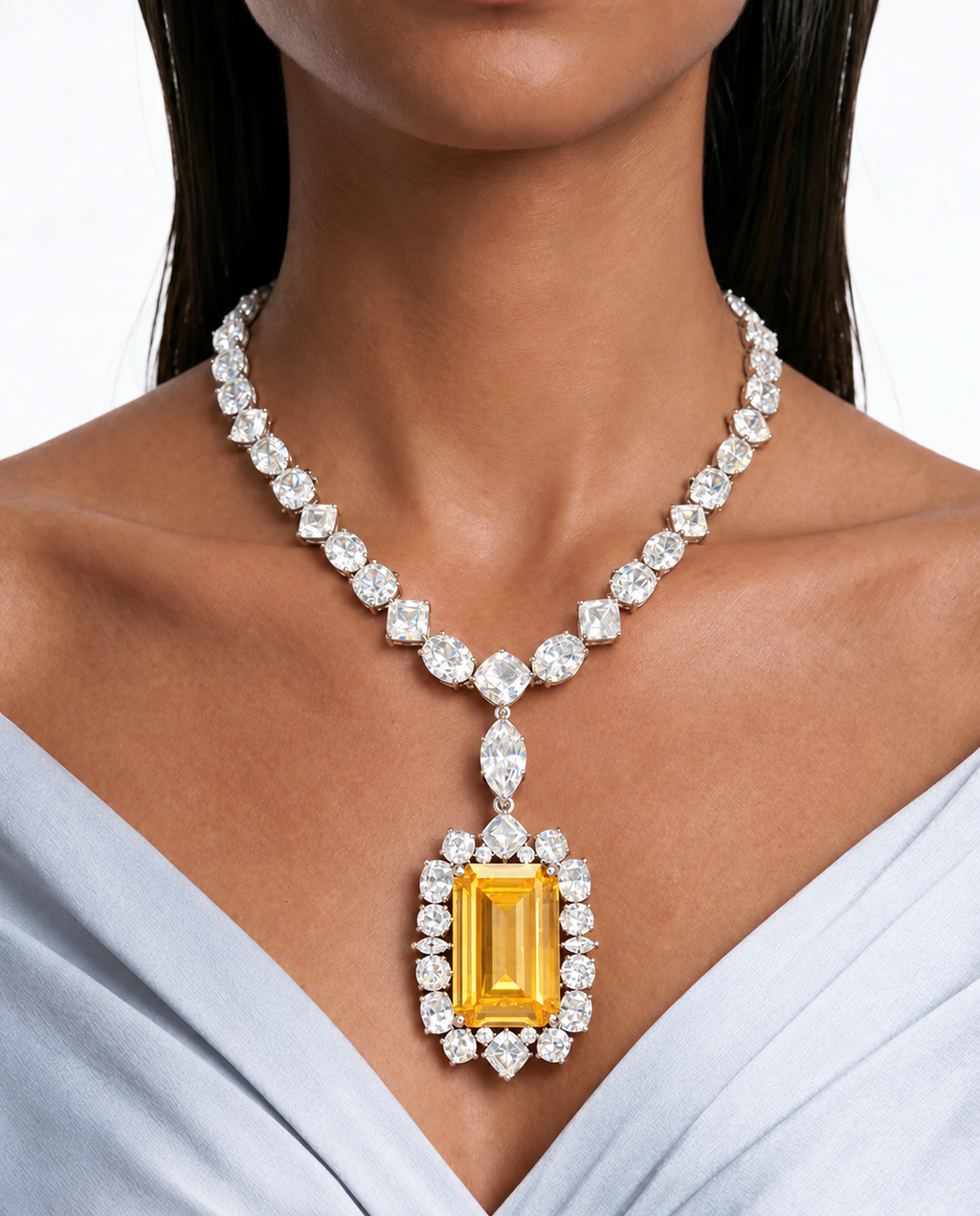 Afiya Citrine Diamond-Like Zircon Statement Necklace Set – Necklace & Earrings
