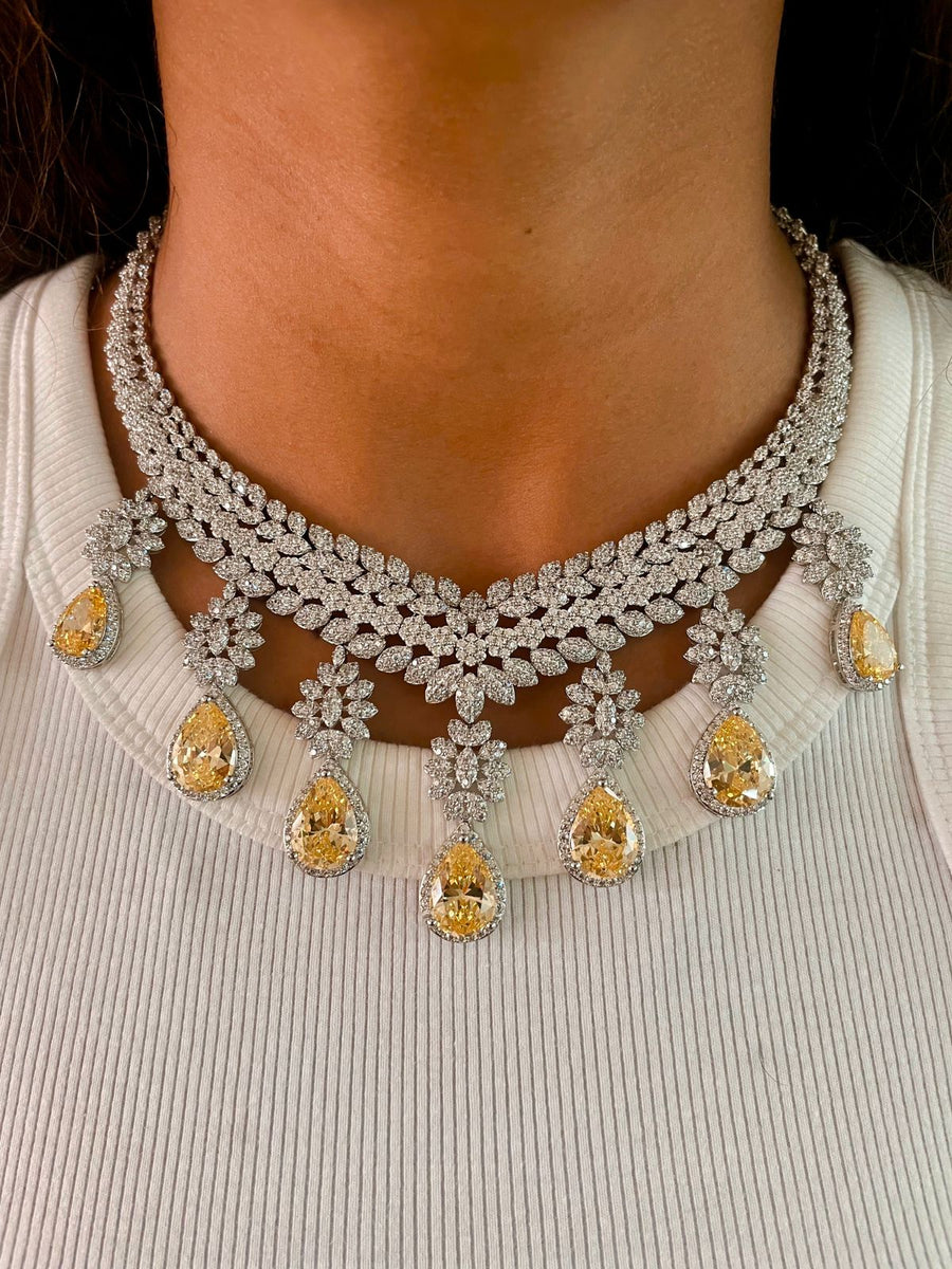 Citrine Pine Drops Diamond Necklace Set (Necklace, Earrings, Ring & Bracelet)