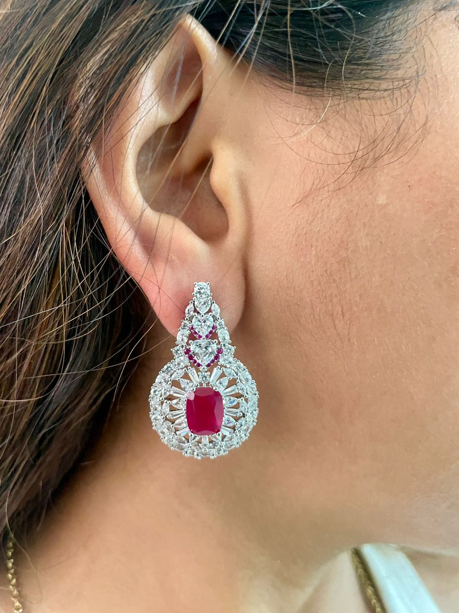 Cushion Cut 3D Ruby Diamond Necklace Set (Necklace & Earrings)