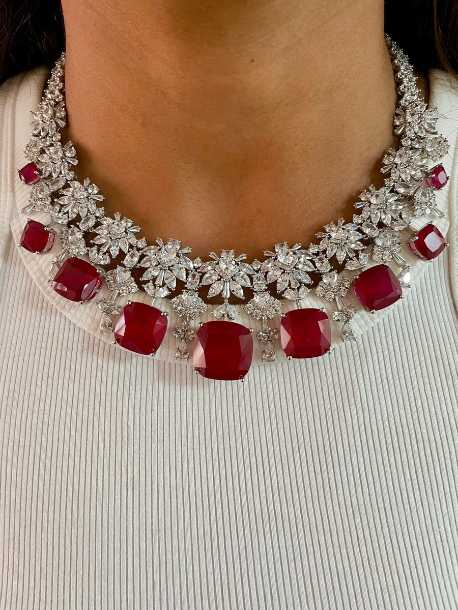 Cushion Cut 3D Ruby Diamond Necklace Set (Necklace & Earrings)