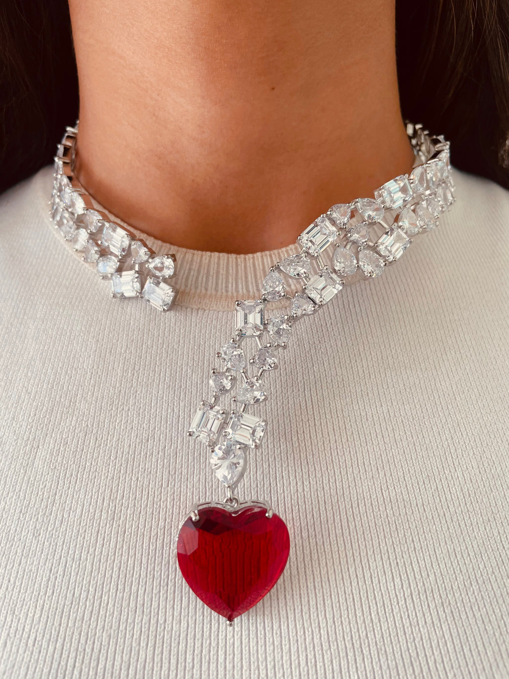 Geometric Ruby Heart Drop Statement Necklace Set — front view — Prerto
