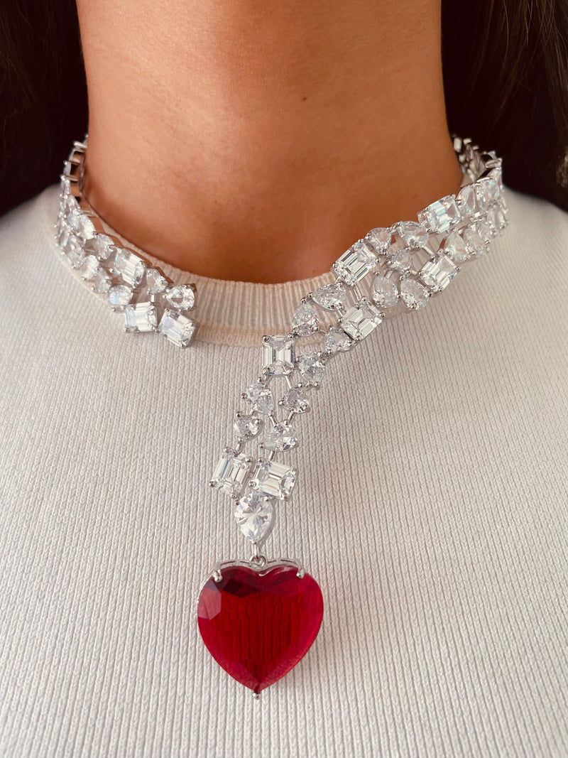 Geometric Ruby Heart Drop Statement Necklace Set — front view — Prerto