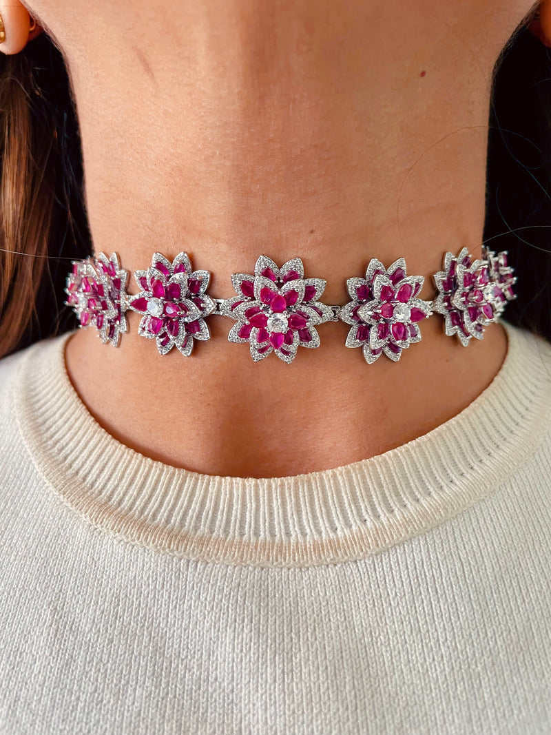 Alisha Ruby Floral Diamond Garden Choker Necklace Set — front view — Prerto
