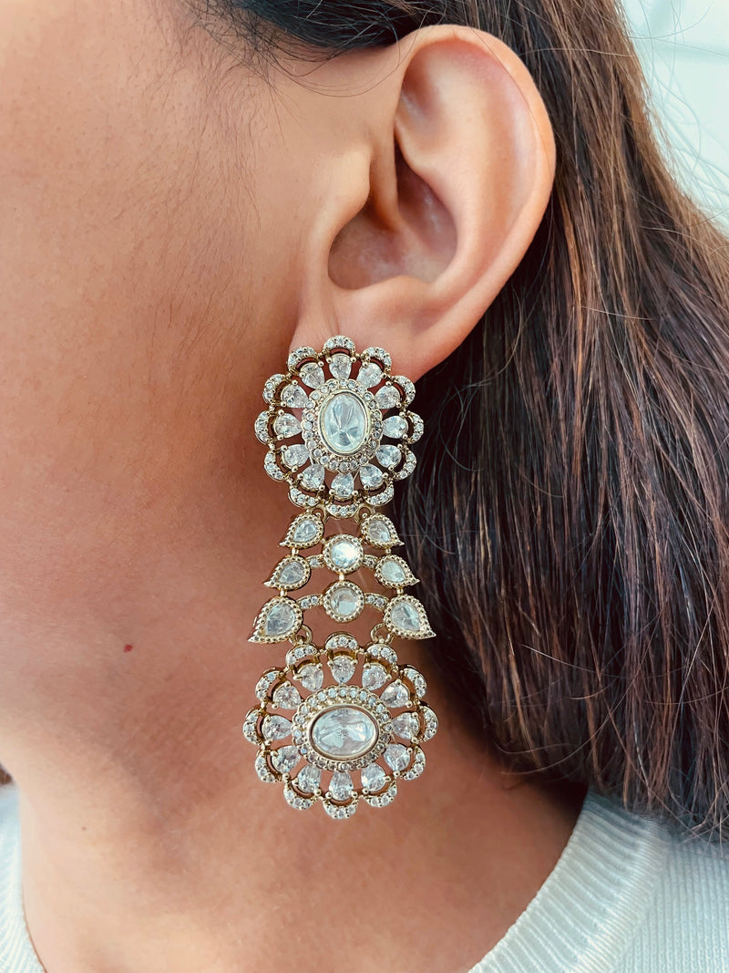 Double Layered Floral Moissanite Couture Polki Kundan Necklace Set — worn on model — Prerto
