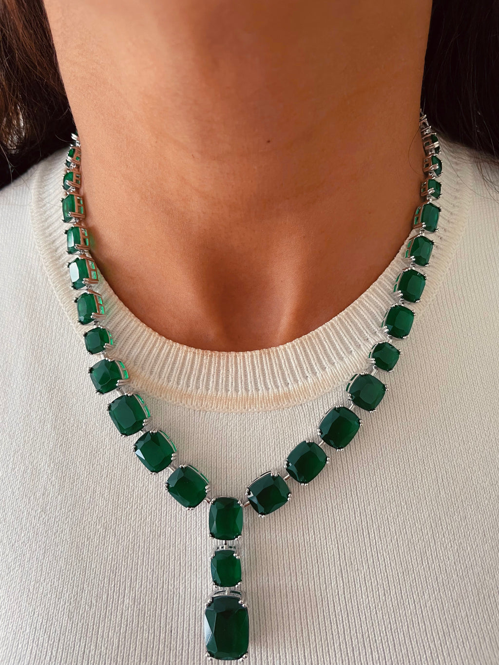 Emerald Drop Statement Necklace Set — front view — Prerto
