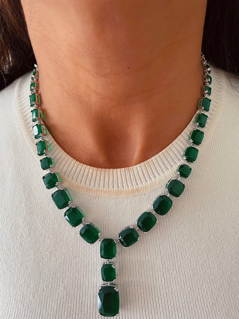 Emerald Drop Statement Necklace Set — front view — Prerto
