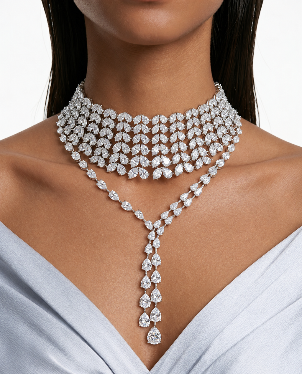 Juego de collar de diamantes con forma de corazón y gota de doble línea de diamantes Maharani Winnie (2 collares y 2 aretes)