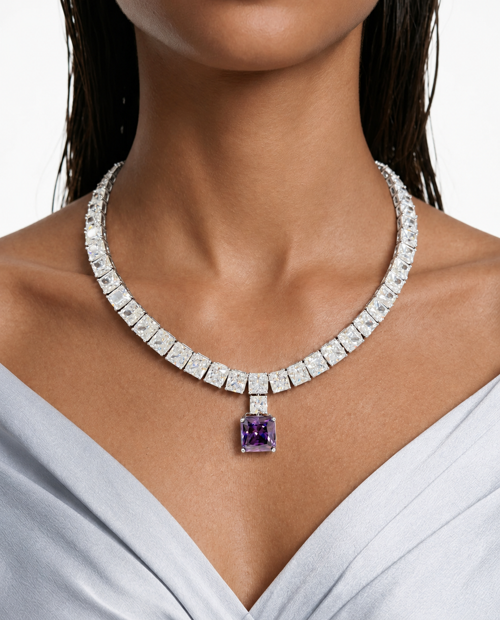 Conjunto de collar con colgante morado cuadrado con circonitas tipo diamante Vivi - Collar y aretes