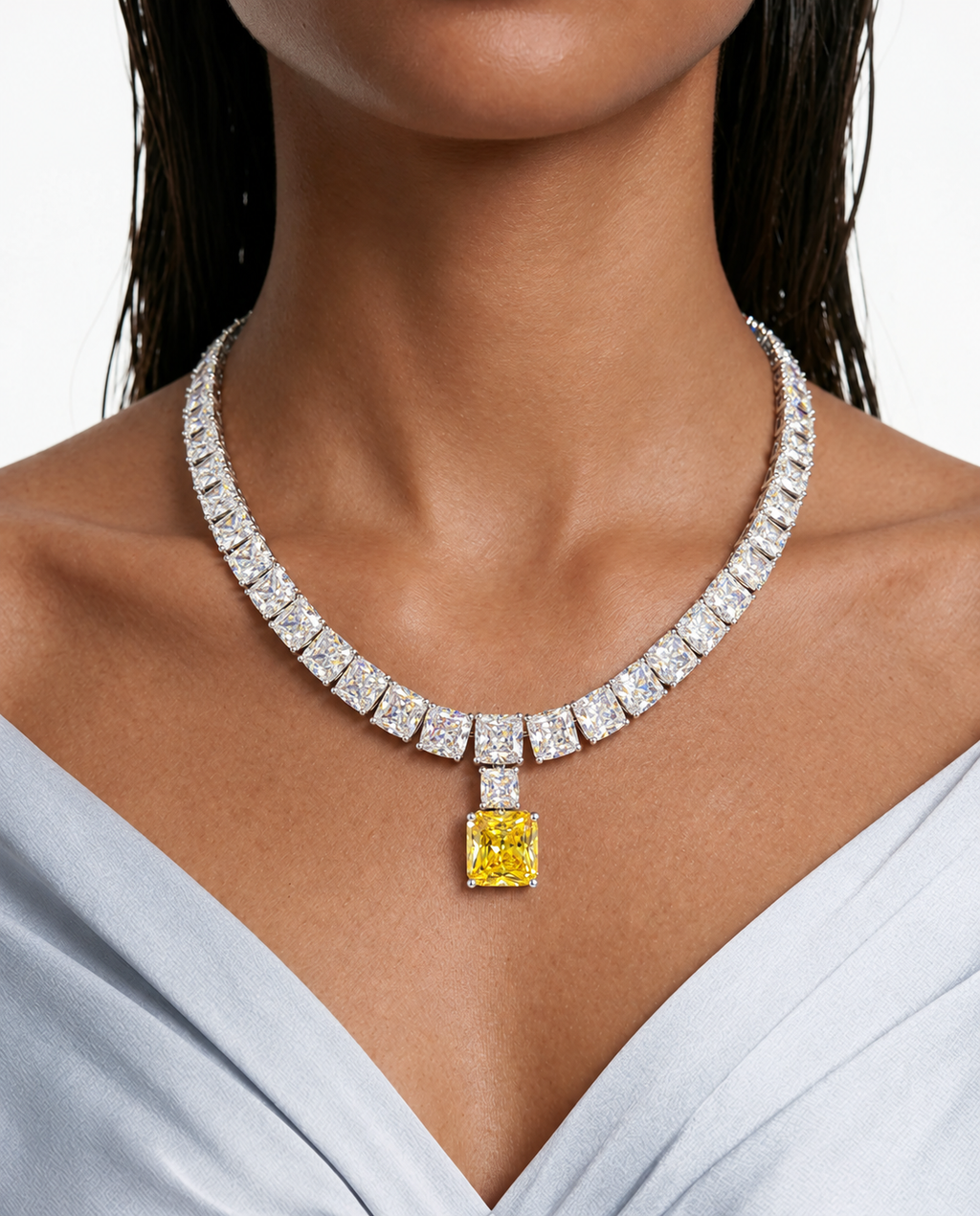 Conjunto de collar con gota de citrino cuadrado con circonitas tipo diamante Vivi - Collar y aretes