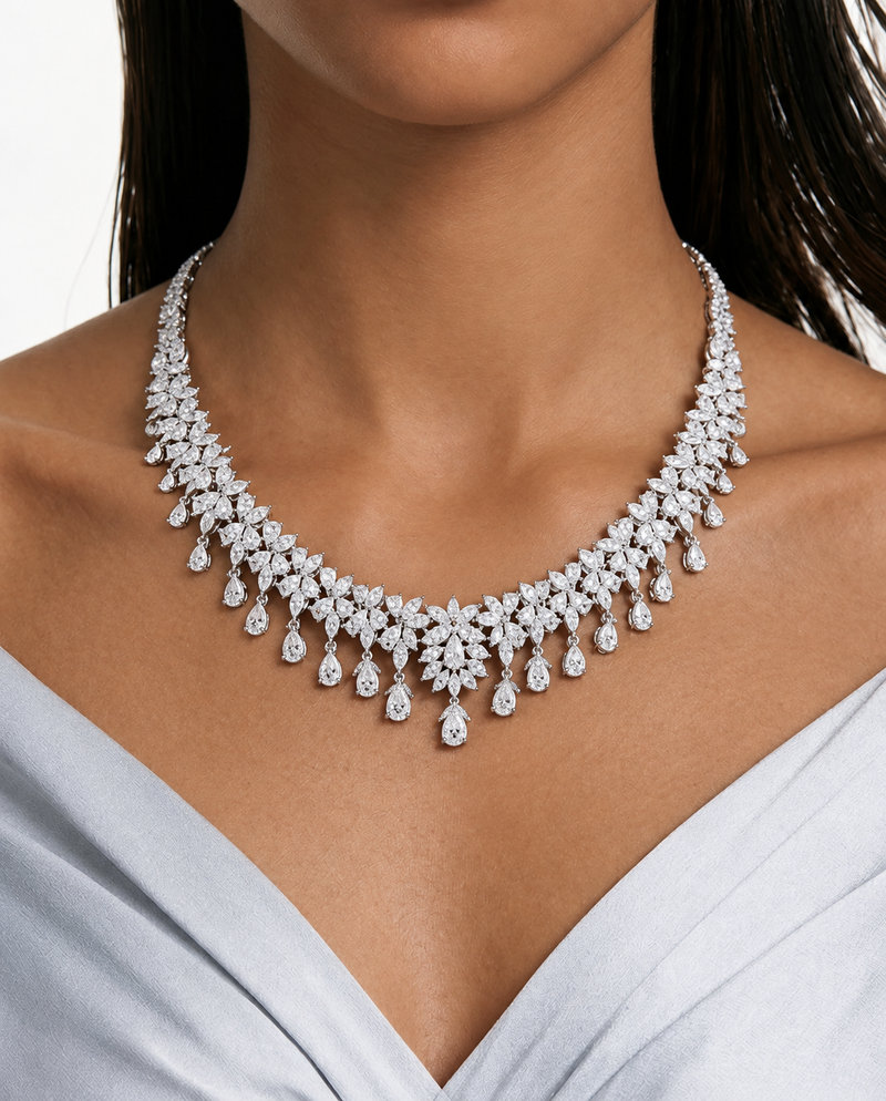 Calista Floral Drop Diamond-Like Zircon Necklace Set – Necklace & Earrings