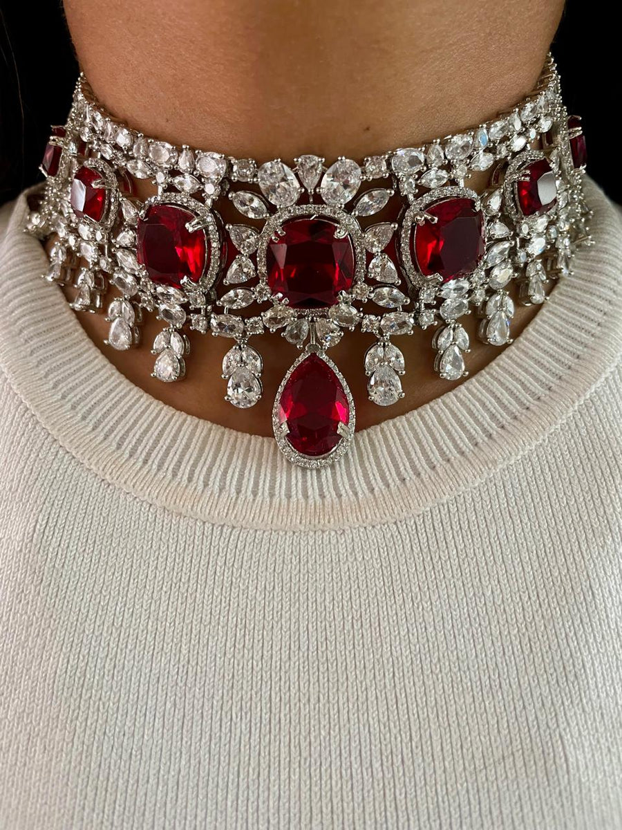 Diamond Ruby Stone Necklace Set (Necklace & Earrings, Mang Tika, Ring & Bracelet)