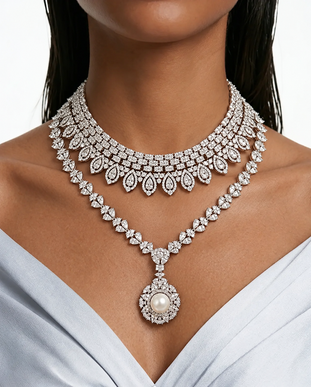 Maharani Orla & Ruelle & Milly diamanten kettingset (3 kettingen en 3 paar oorbellen)