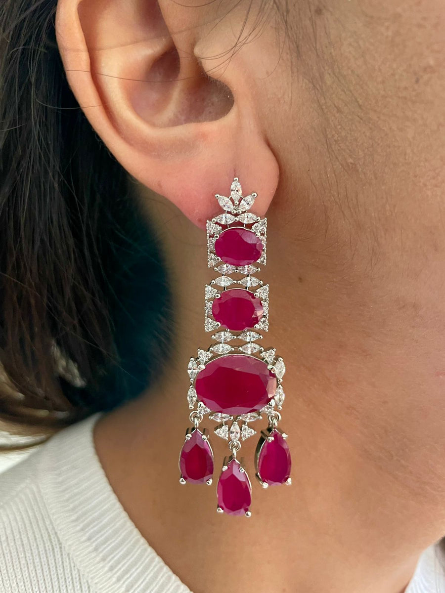 Double Layered Oval Ruby Drop Diamond Setting Statement Choker Set (Earrings & Necklace)