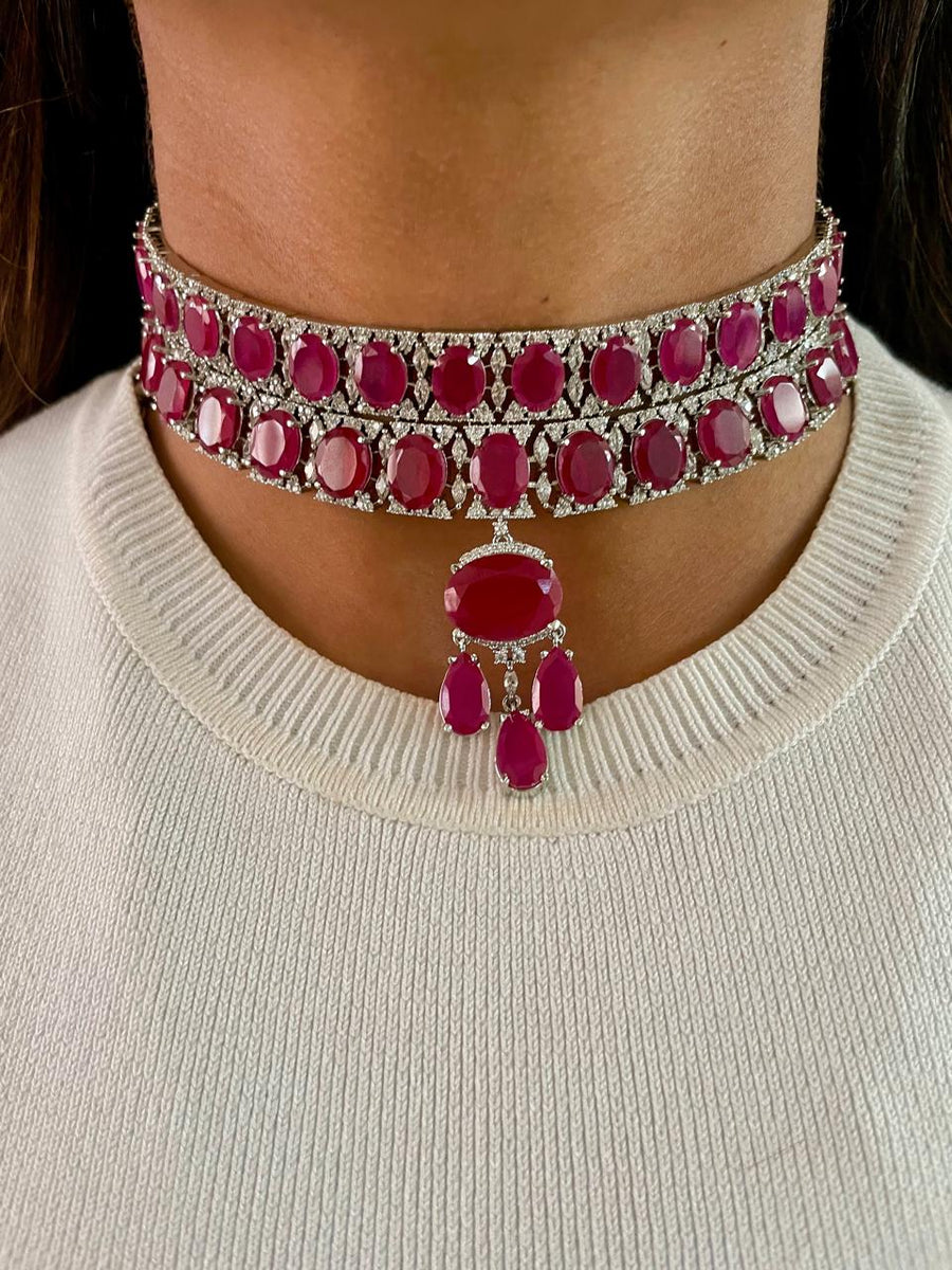 Double Layered Oval Ruby Drop Diamond Setting Statement Choker Set (Earrings & Necklace)