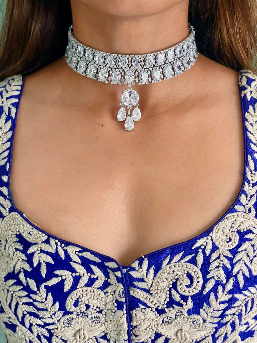 Double Layered Oval White Dimonte Drop Diamond Setting Statement Choker Set (Earrings, Necklace, Ring & Bracelet)