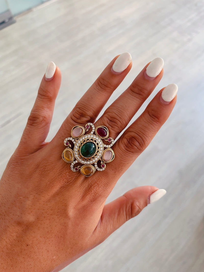 Aurelia Emerald Multistones Aura Polki Kundan Couture Ring by Prerto — Indian bridal jewellery