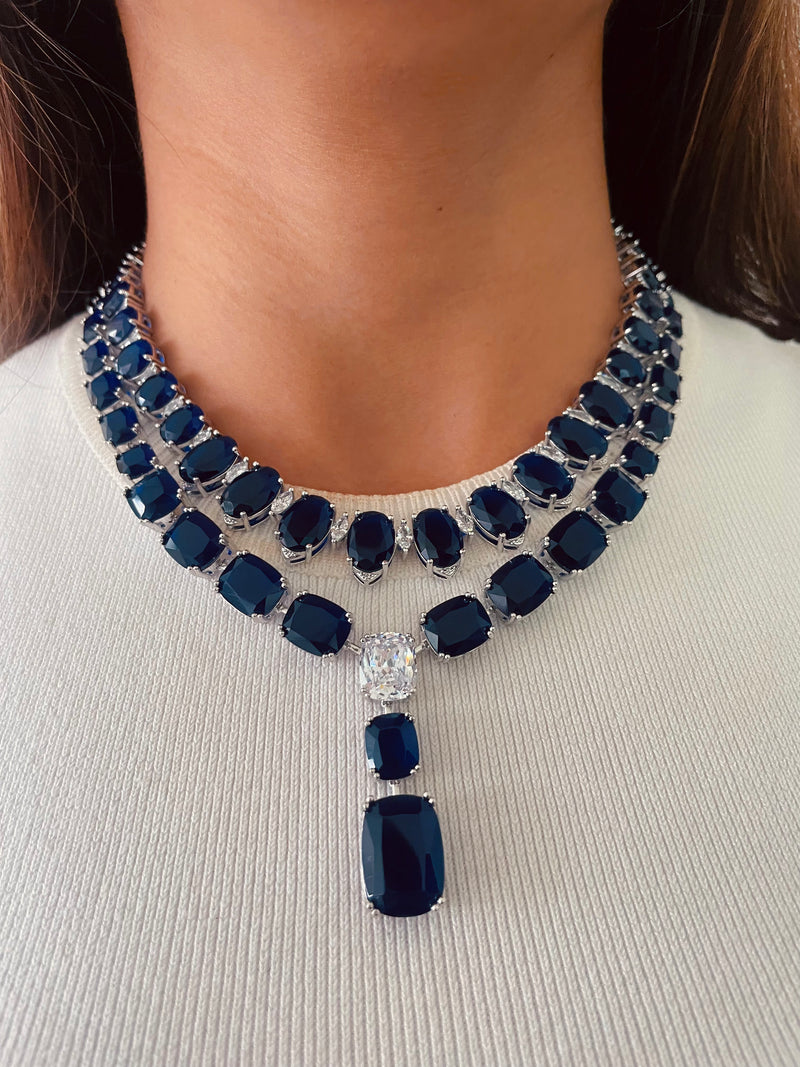 Single Line Sapphires Marquis & Sapphire Drop Duo Necklace Set — front view — Prerto