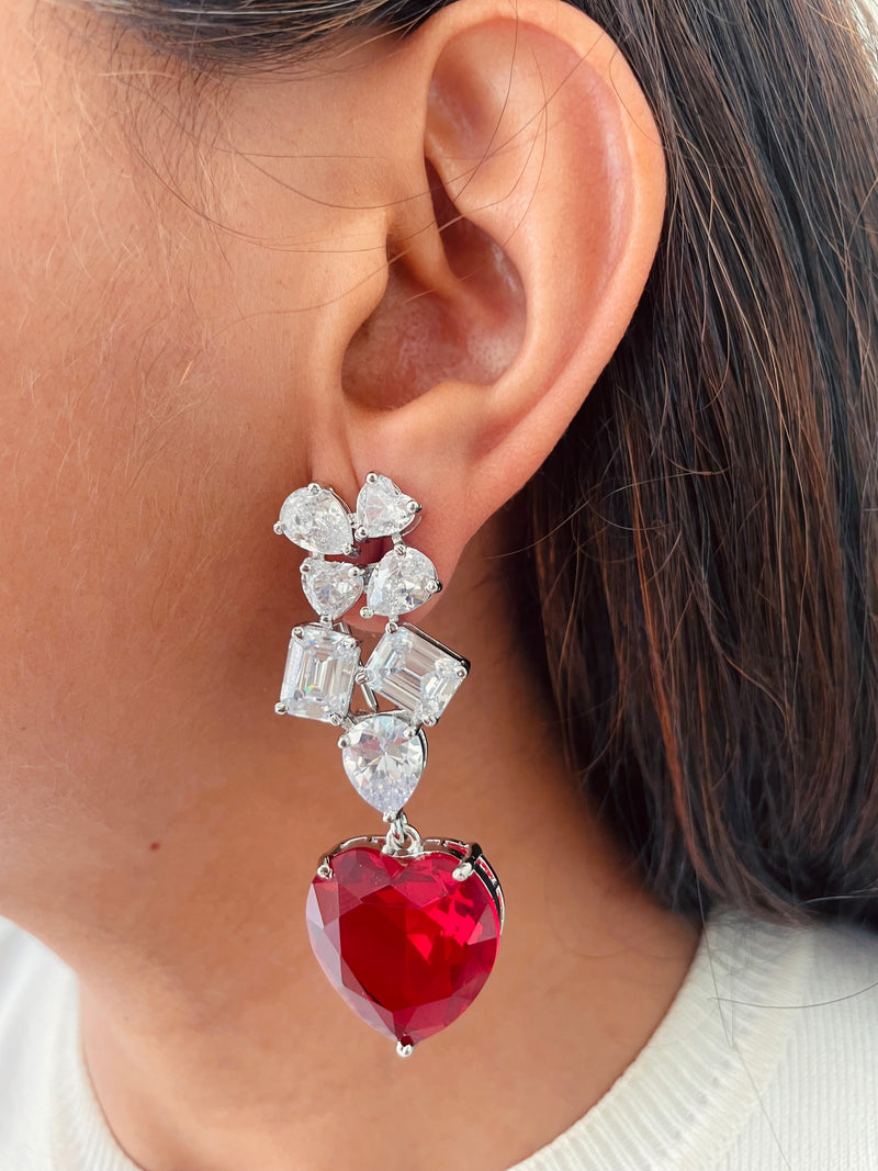 Geometric Ruby Heart Drop Statement Necklace Set — worn on model — Prerto