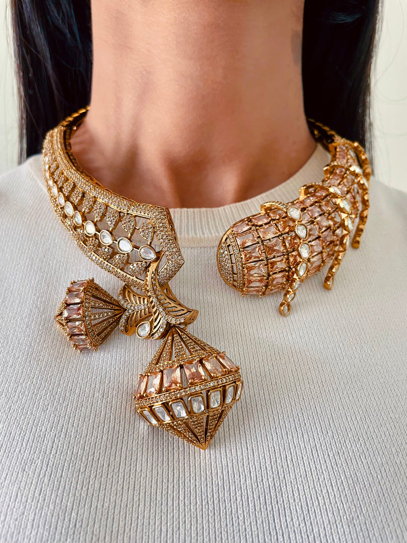 Elara Moissanite Kundan Open Front Back Hinge Necklace Set — front view — Prerto