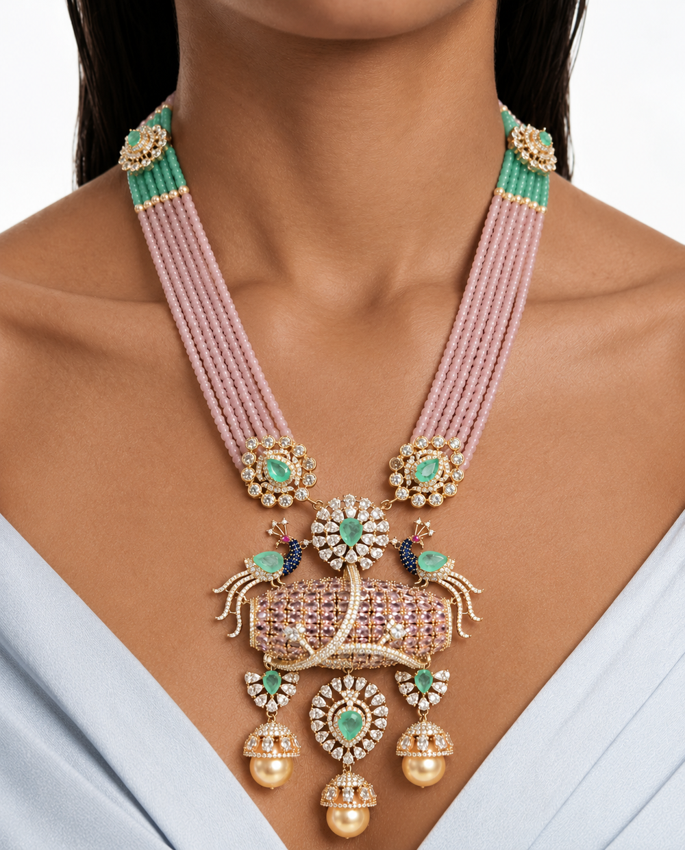 Ensemble collier long Morvika à double goutte de perles menthe et rose paon