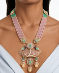 Ensemble collier long Morvika à double goutte de perles menthe et rose paon