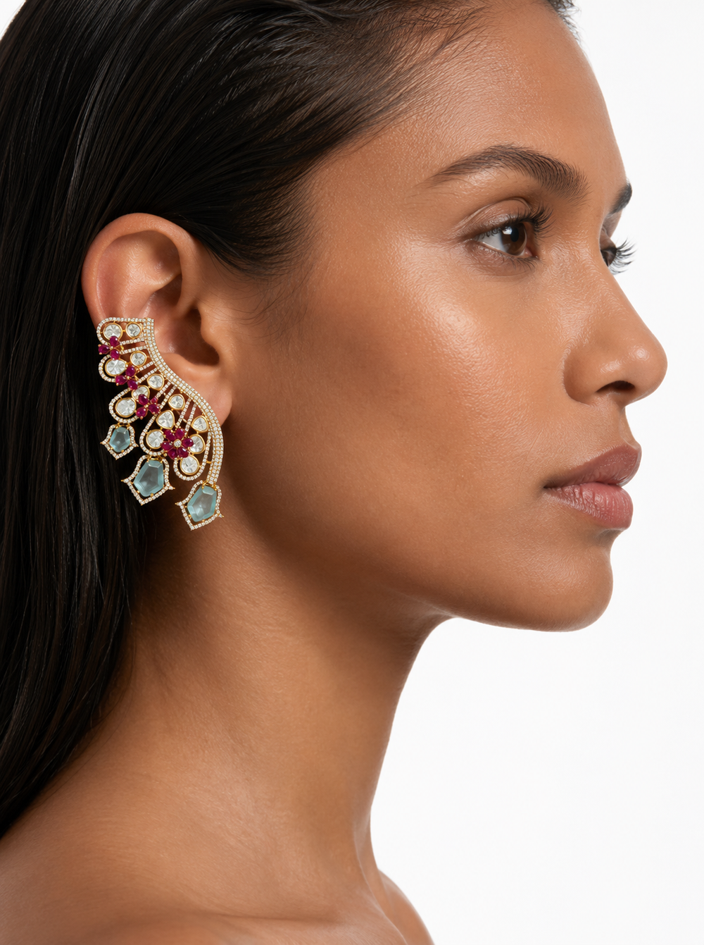 Zadie Aqua & Ruby Floral Cascade Diamond-Like Zircon Necklace Set – Necklace & Earrings