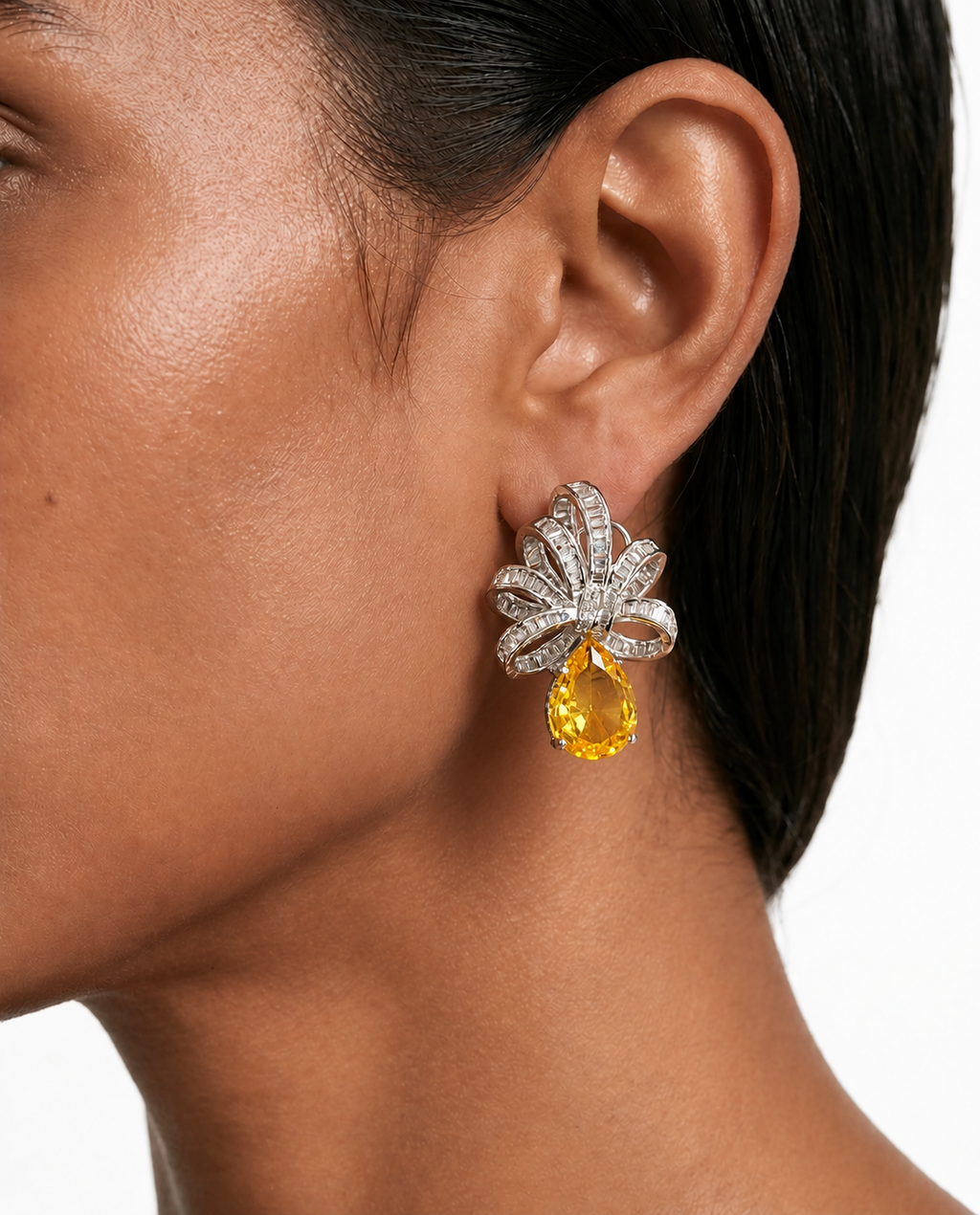 Blythe Citrine Bow Rectangular Drop Diamond-Like Zircon Necklace Set – Necklace & Earrings