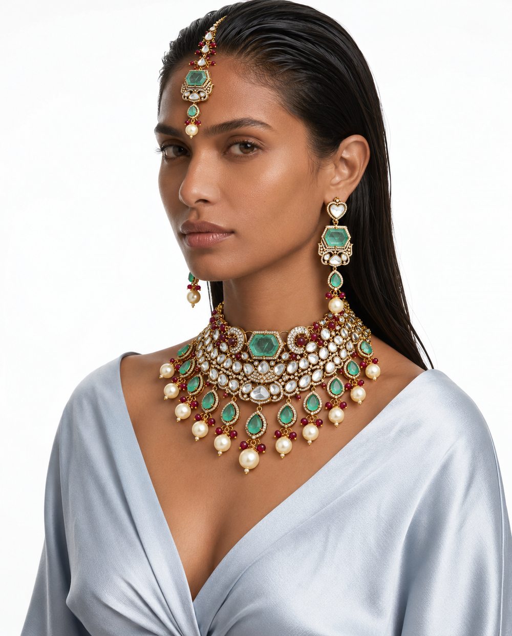 Tahira 薄荷红宝石莫桑石 Polki Kundan 珍珠吊坠项链套装 – 项链、耳环和 Maang Tikka