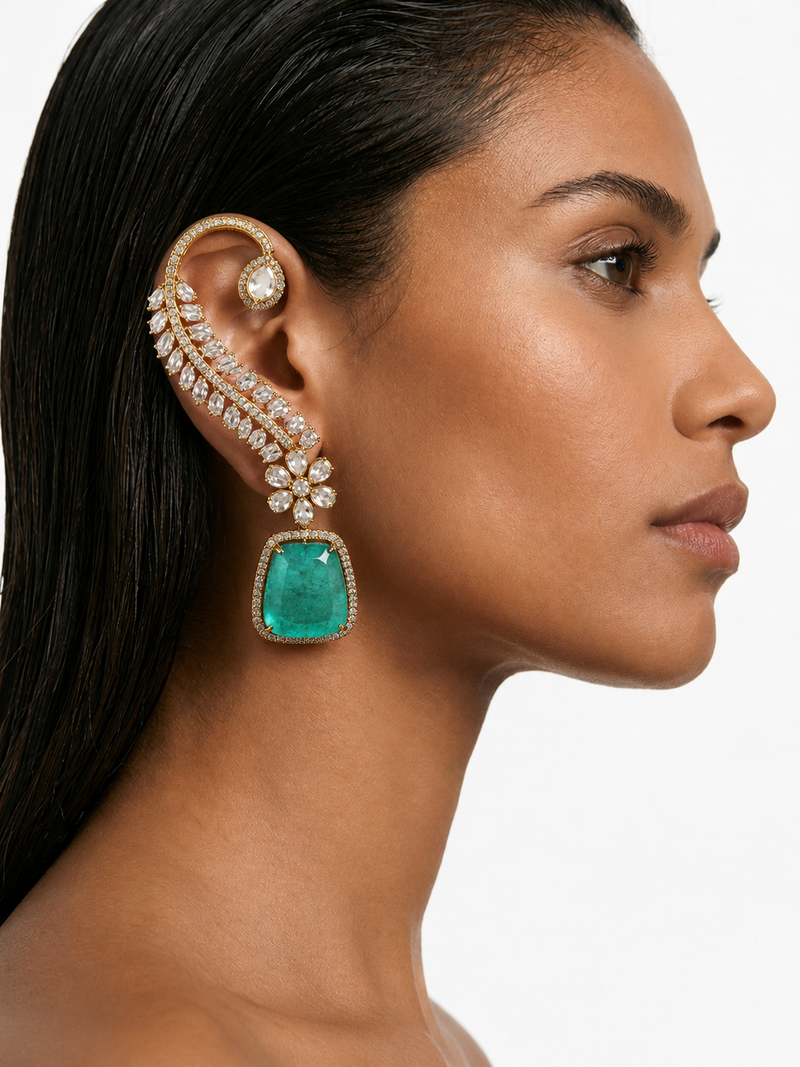 Kiyana Turquoise Moissanite Polki Kundan with Zircon Diamond Detailing Statement Earcuff