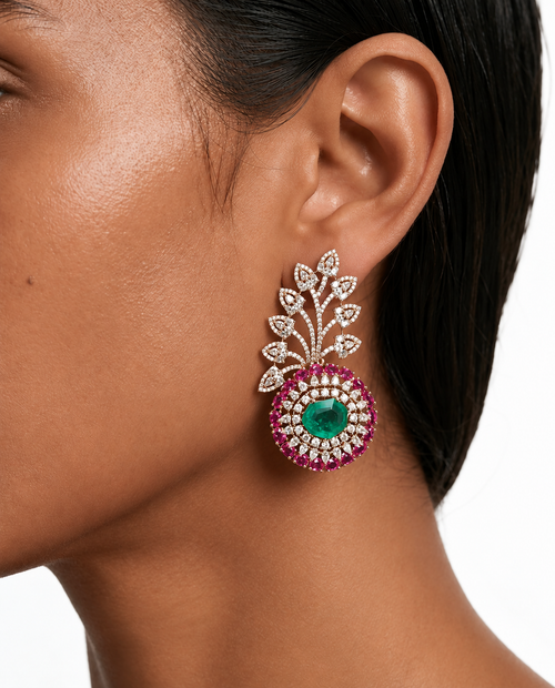 Aureliah Emerald & Ruby Diamond-Like Zircon Leaf & Vine Statement Necklace Set – Necklace & Earrings