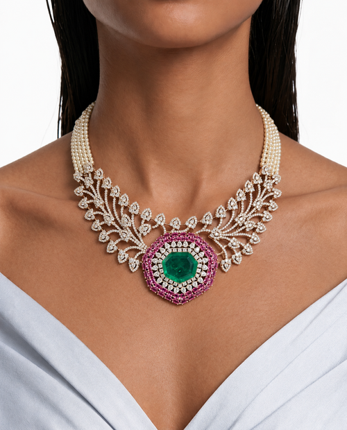Aureliah Emerald & Ruby Diamond-Like Zircon Leaf & Vine Statement Necklace Set – Necklace & Earrings