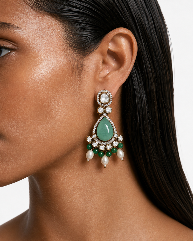 Suhira Mint Moissanite Polki Kundan with Zircon Diamond Detailing 3 Layer Necklace Set – Necklace, Earrings & Maang Tikka