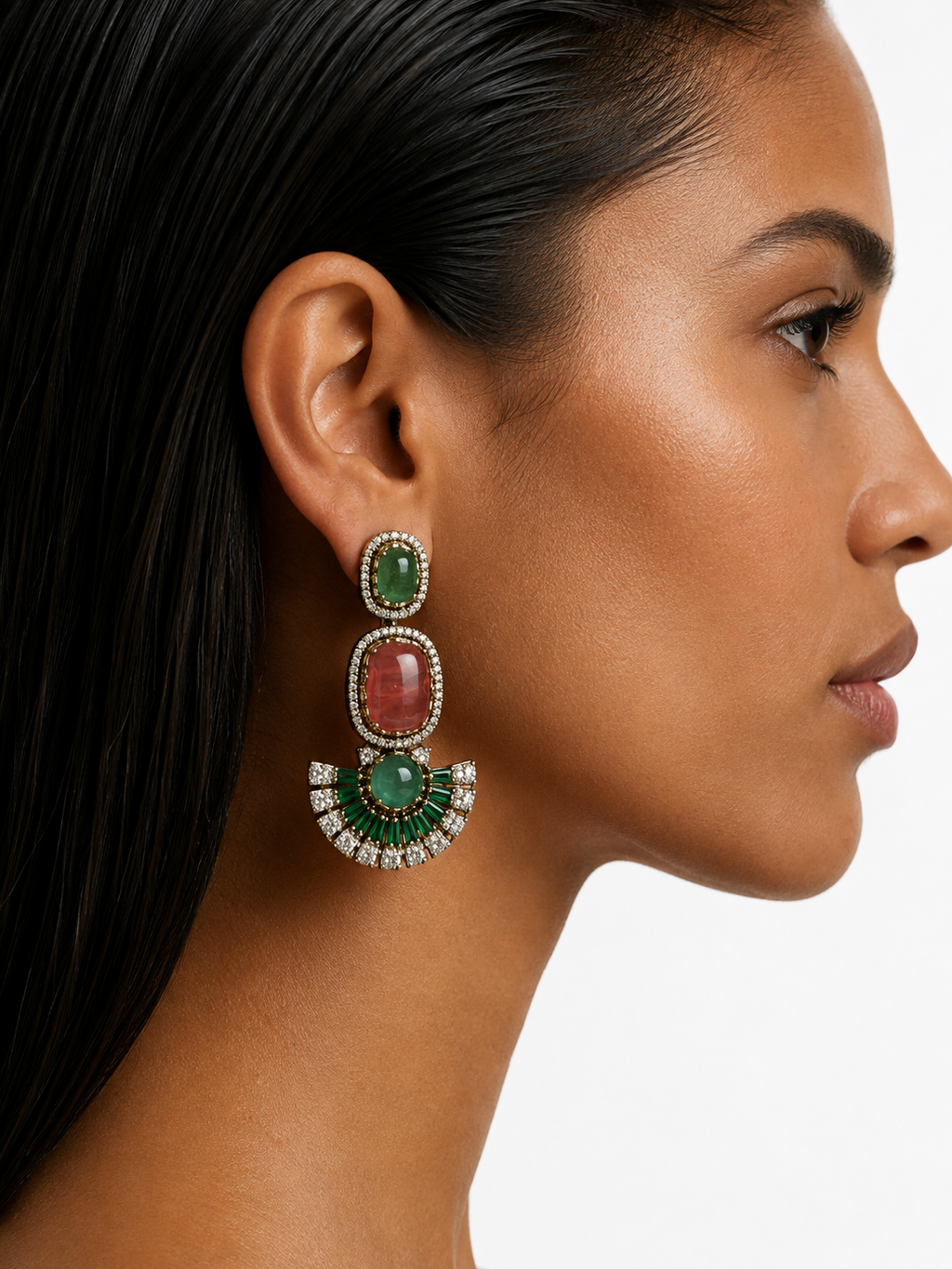 Nayab Emerald Multicolour Semi Precious Moissanite Diamond Necklace Set (Necklace & Earrings)