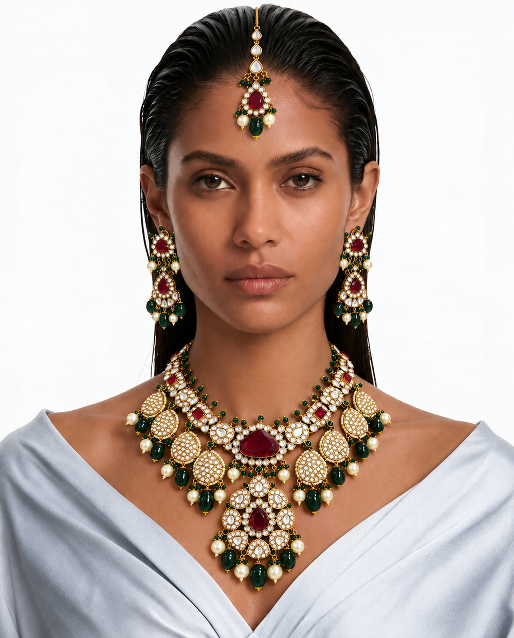 Rumiya Collier Polki Kundan rubis et émeraude moissanite avec détails en zircon – Collier, boucles d'oreilles et Maang Tikka