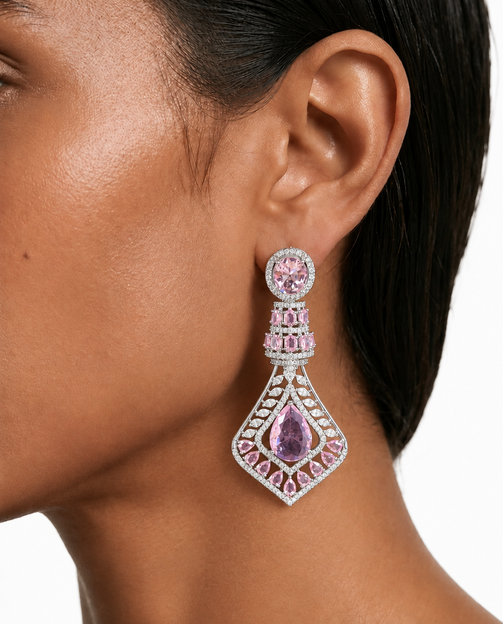 Sahiba roze diamantachtige zirkoon statement kettingset – ketting en oorbellen