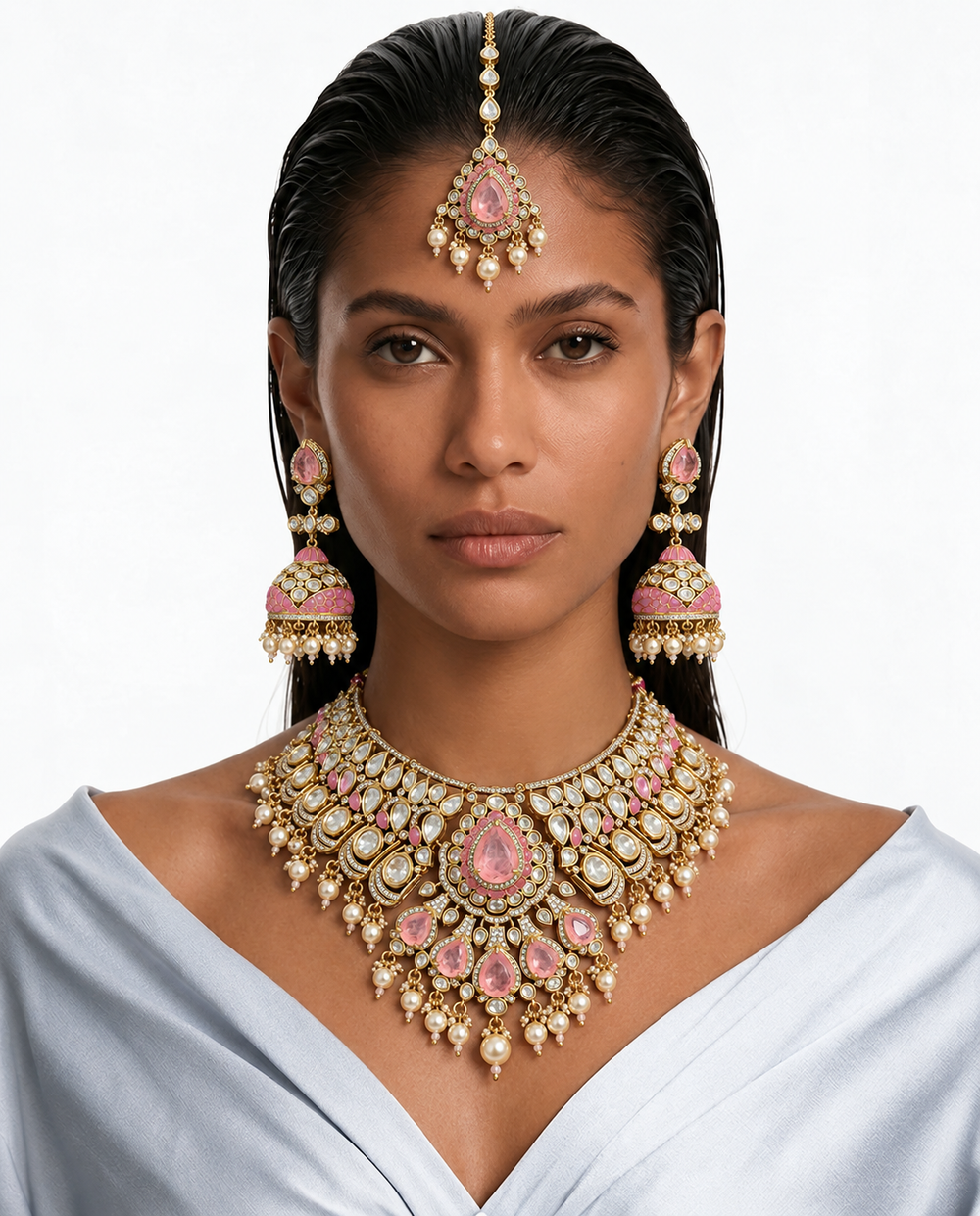 Gulrang 粉色泪滴莫桑石 Polki Kundan 项链套装 – 项链、耳环和 Maang Tikka