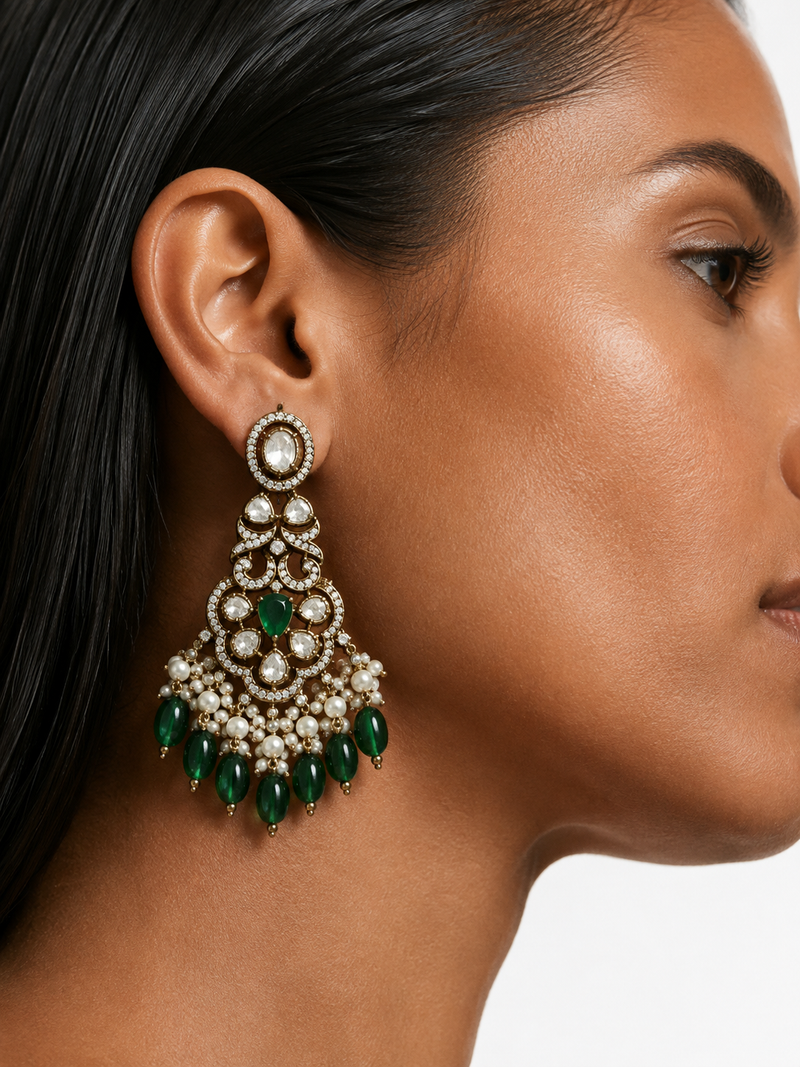 Aaina Emerald Moissanite Polki Kundan Necklace Set (Necklace, Earrings & Maang Tikka)