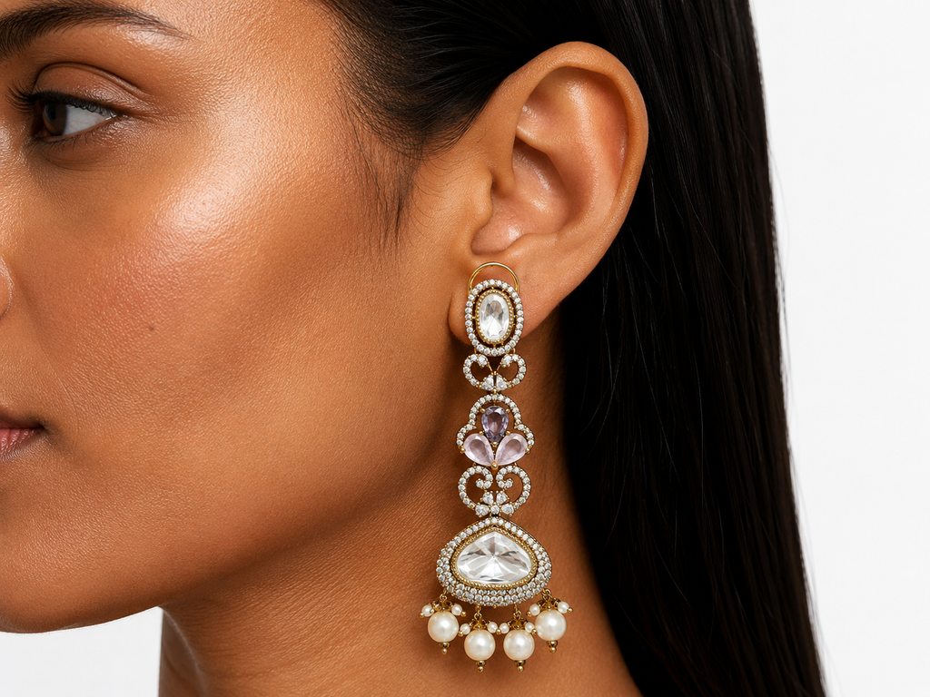 Ayzal Pink & Purple Pearls Moissanite Polki Kundan with Zircon Diamond Detailing Necklace Set – Necklace & Earrings