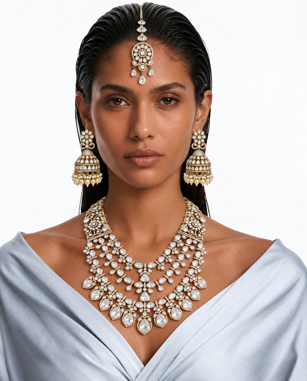 Ensemble de colliers de mariée superposés floraux Rajika Moissanite Polki Kundan – Collier, boucles d'oreilles et Maang Tikka