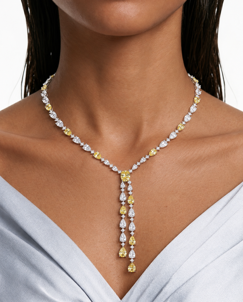 Maharani Niharika Citrien Vierkant & Zinnia Citrien Dubbele Druppel Diamanten Kettingset (2 Kettingen & 2 Oorbellen)
