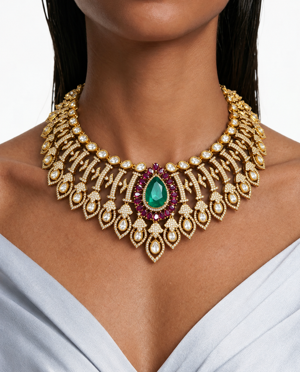 Bella Ruby & Emerald Pear Drop Moissanite Polki Kundan with Zircon Diamond Detailing Necklace Set – Necklace & Earrings