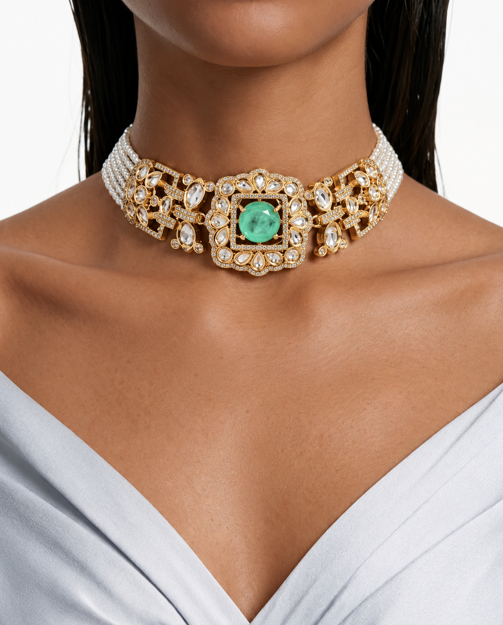 Nazneen 薄荷珍珠方形莫桑石 Polki Kundan 项链套装 – 项链和耳环