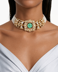 Nazneen 薄荷珍珠方形莫桑石 Polki Kundan 项链套装 – 项链和耳环