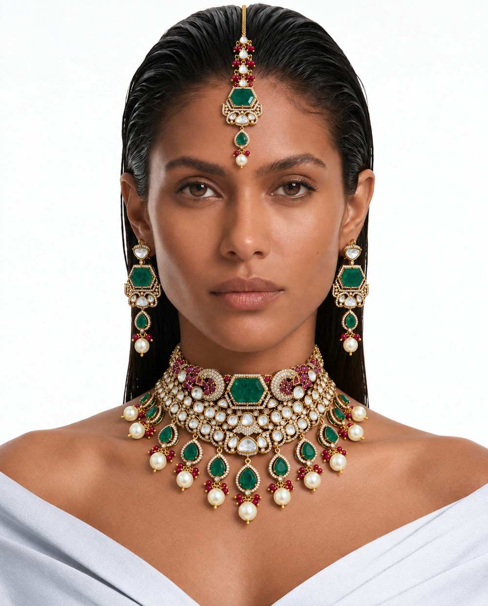 Tahira 祖母绿红宝石莫桑钻 Polki Kundan 珍珠吊坠项链套装 – 项链、耳环和 Maang Tikka