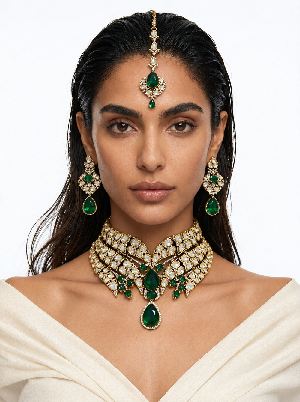 Zehmina Emerald Kundan Polki dubbellaagse chokerkettingset – ketting, oorbellen en Maang Tikka