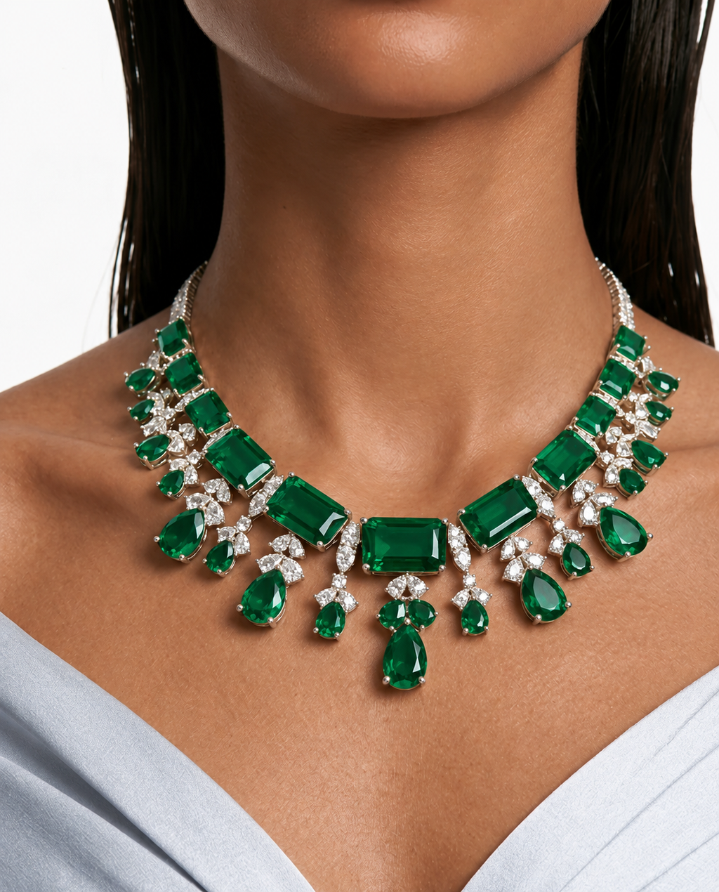 Maharani Amalina Emerald Luxe Couture & Emerald Square Single Line Tennis Diamond Necklace Set (2 colliers et 2 boucles d'oreilles)