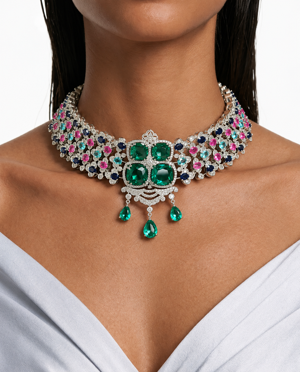 Flossie Multicolor Emerald Floral Diamond-Like Zircon Choker Necklace Set – Necklace & Earrings