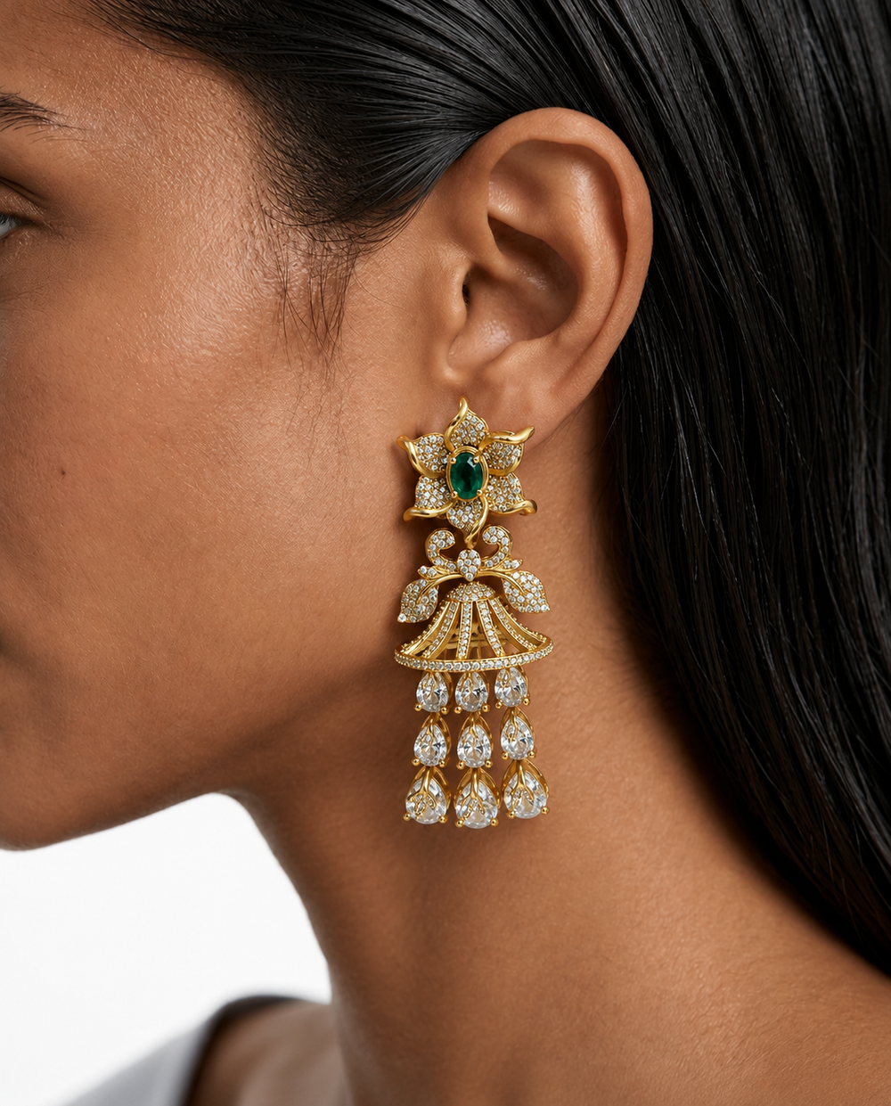 Miette Emerald Three Layer Moissanite Polki Kundan Floral Tassel Necklace Set – Necklace & Earrings