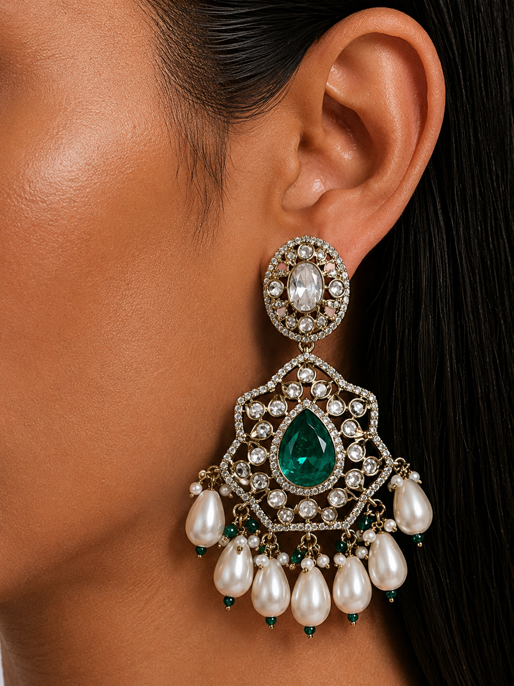 Vaani Emerald Pearls & Moissanite Polki Kundan with Zircon Diamond Detailing Necklace Set – Necklace, Earrings & Maang Tikka