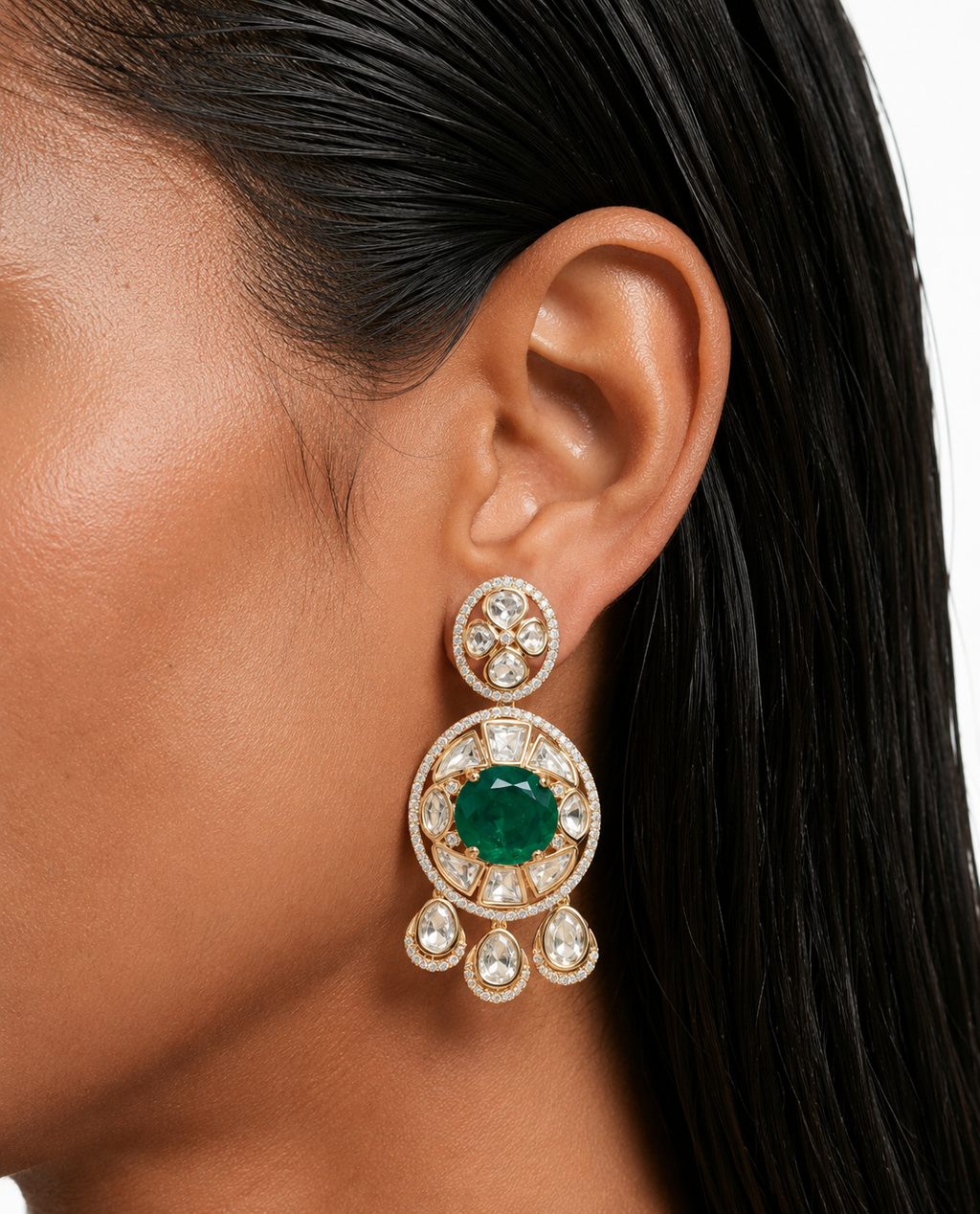 Riizaa Emerald with Zircon Diamond Detailing Necklace Set – Necklace, Earrings & Maang Tikka